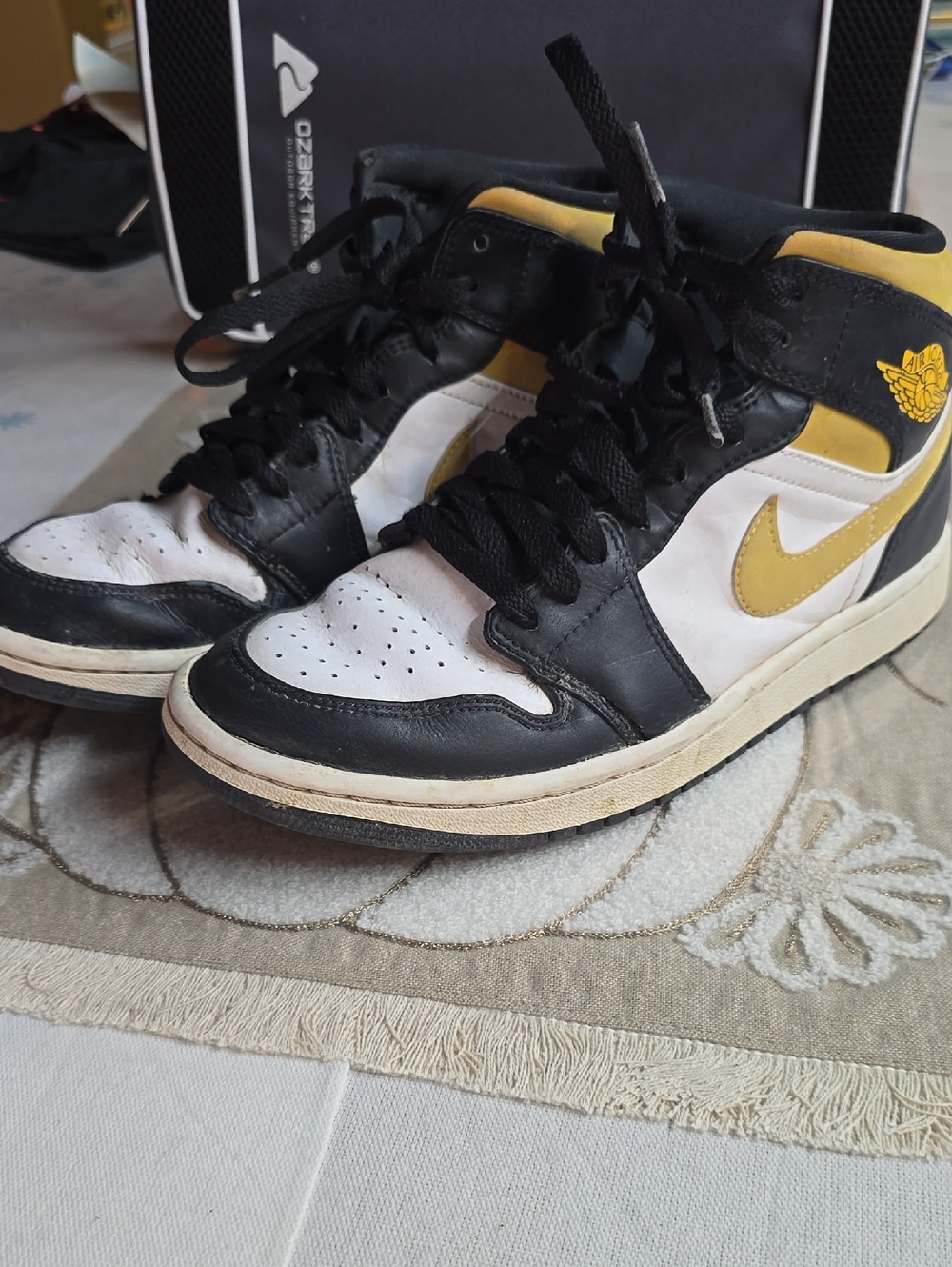 Jordan High-Top Sneakers in Black, White & Yellow